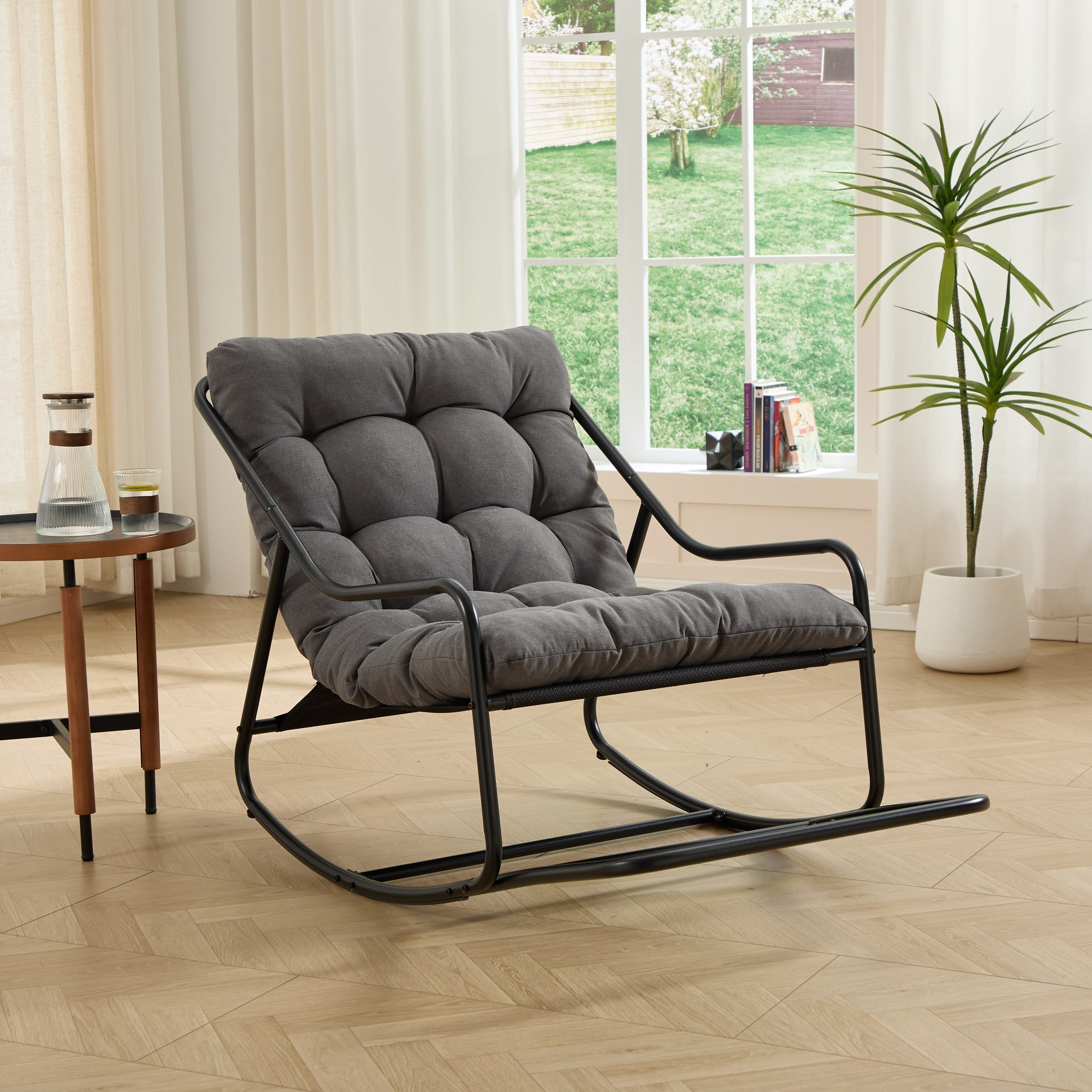 Outdoor Rocking Chair, Comfy Cushion, with Soft Thick Cushion,for Living Room, Bedroom, Reading Room, Black Frame with Grey Cushion