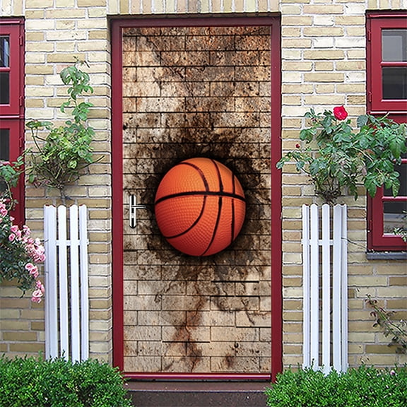3D Door Stickers for Interior Doors A Basketball Embedded in an Old Brick Wall Sports Balls Vinyl Waterproof Self Adhesive Door Mural,SP-F619,S(38.5x200cmx2Pcs)