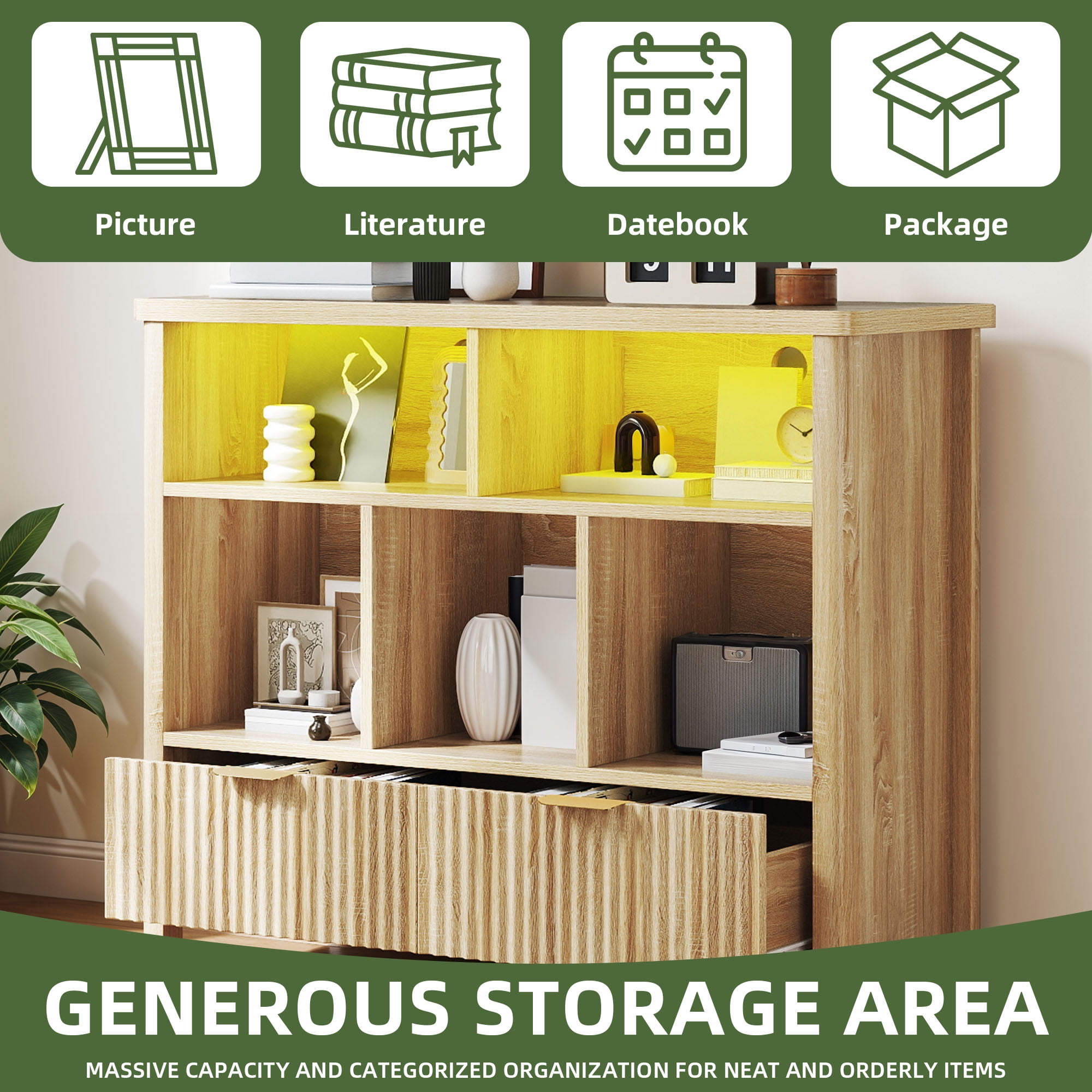 Uforic 5 Cube Bookcase with LED Light, Modern 3 Tier Bookshelf with Drawers for Home Office