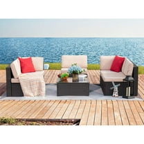 Devoko Outdoor 6 Pieces Patio Sectional Sets Rattan Sofa, Beige, Seating-5