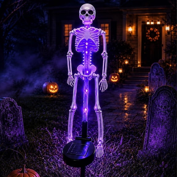 Solar Skeleton Yard Stake Halloween Decorations, 25.59" Waterproof Purple LED Skeleton Lamp Figurine for Outdoor Grave Lawn Pathway Party Fall Decor