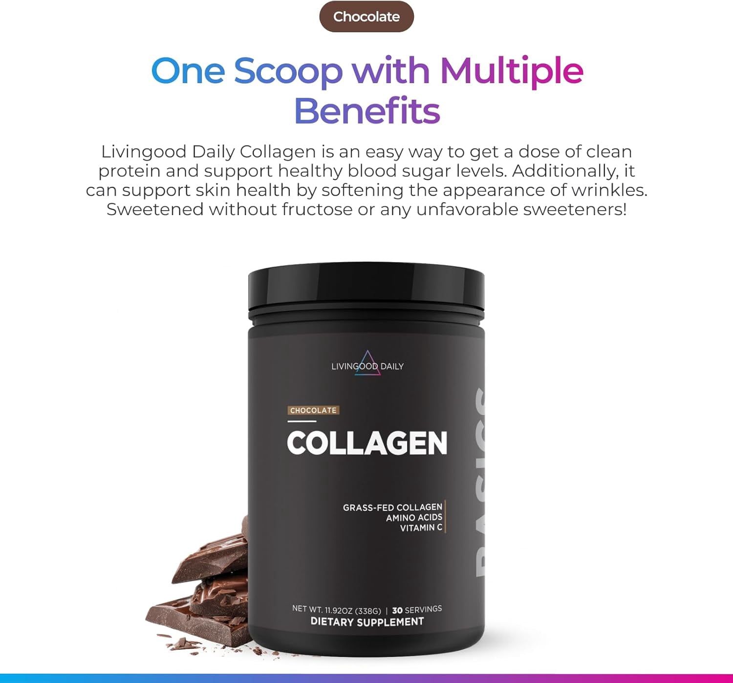 Livingood Daily Chocolate Collagen Powder for Women & Men, Hydrolyzed Collagen Peptides Powder with Vitamin C, Protein with 20 Amino Acids, Type I & III, Grass Fed, Keto, Paleo, Gluten Free, 30 Srvgs