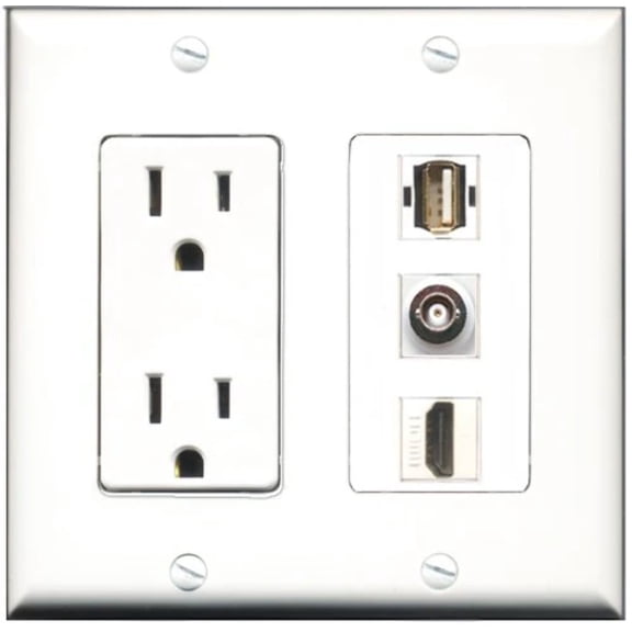 RiteAV - 15 Amp Power Outlet 1 Port HDMI 1 Port USB A-A 1 Port BNC Decorative Wall Plate