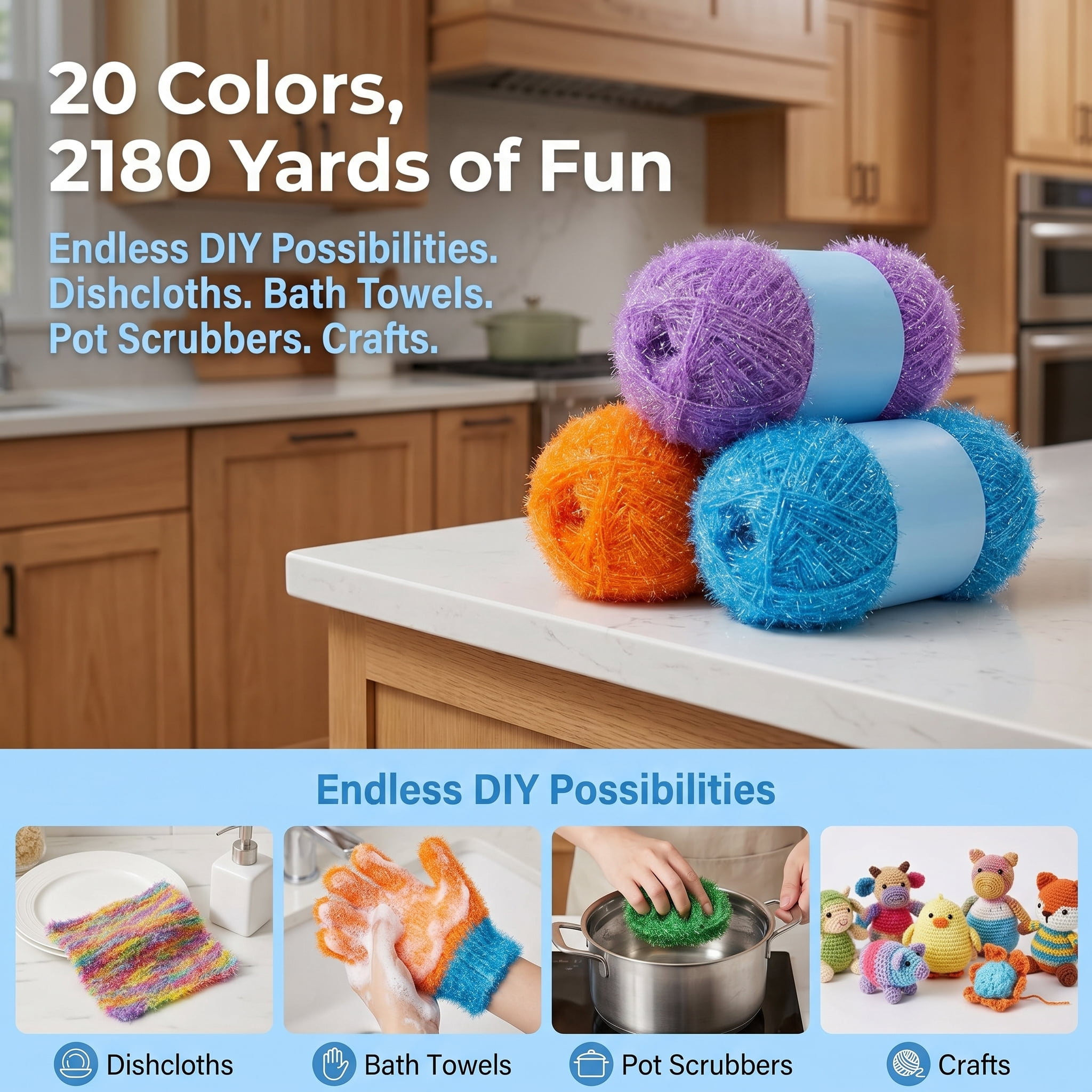 Shihaoyuan 20 Skeins Scrubby Yarn for Dishcloths Assorted Colors for Crocheting Polyester Scrubby Assortment Pastel Yarn for Knitting Dishwashing Dishcloths Craft Project (Candy Color)