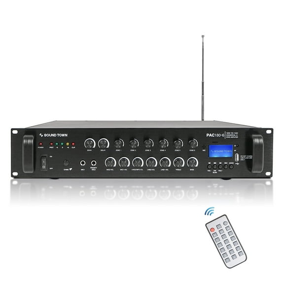 Sound Town 180W 6-Zone 70V/100V Commercial Power Amplifier with Bluetooth, Aluminum, for Restaurants, Lounges, Bars, Pubs, Schools and Warehouses (PAC180-6)