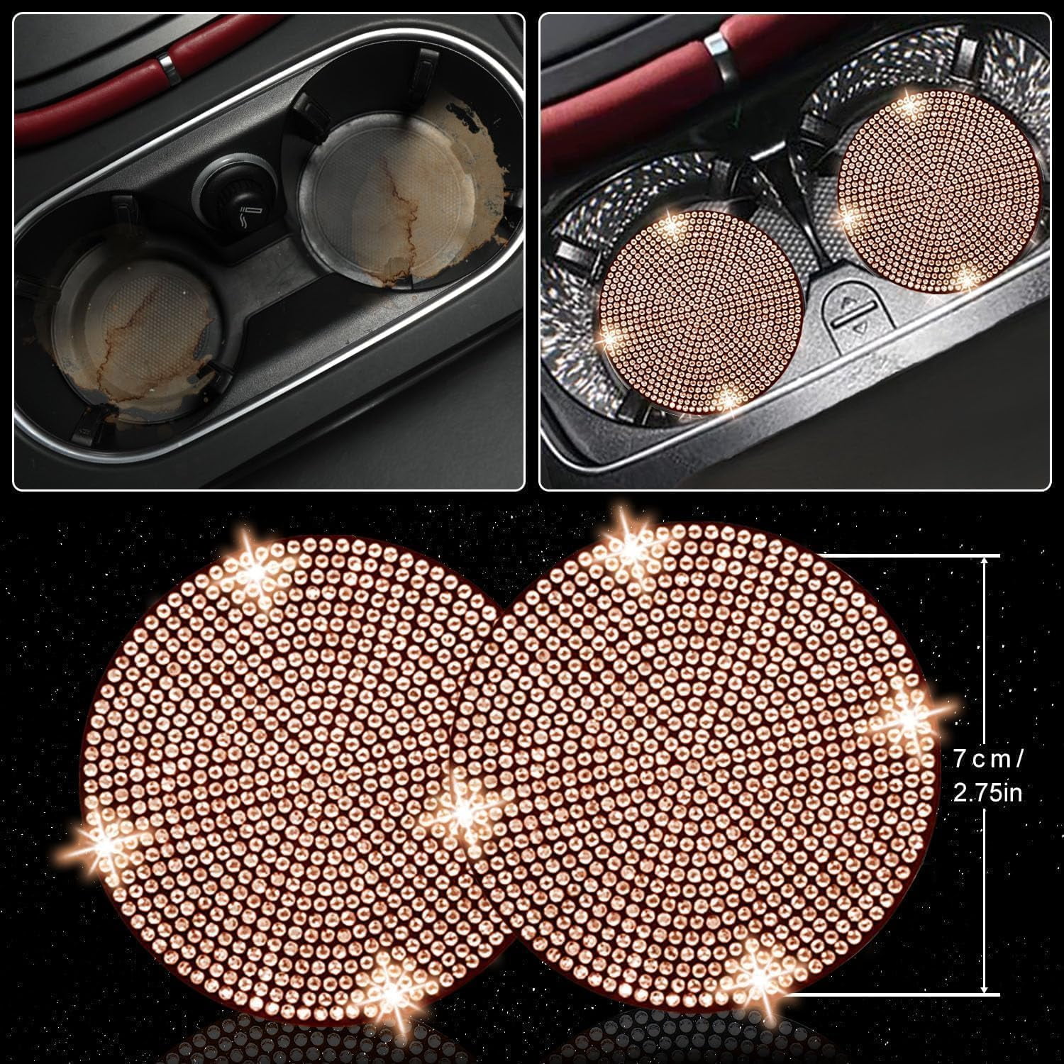 27 PCs Gold Champagne Bling Car Accessories Set for Women, Steering Wheel Covers Universal Fit 15 Inch, Bling License Plate Frame, Bling Phone Holder, Bling Car Coasters