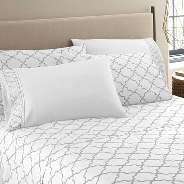 Bed Sheet Set 1800 Series 6 Piece Deep Pocket Soft Bed Sheets Size QUEEN color white/silver