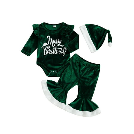 

Merry Christmas Baby Girl Outfit Ruffle Long Sleeve Romper Top+Flare Pants+Santa Hat Velvet Xmas Clothes 3Pcs