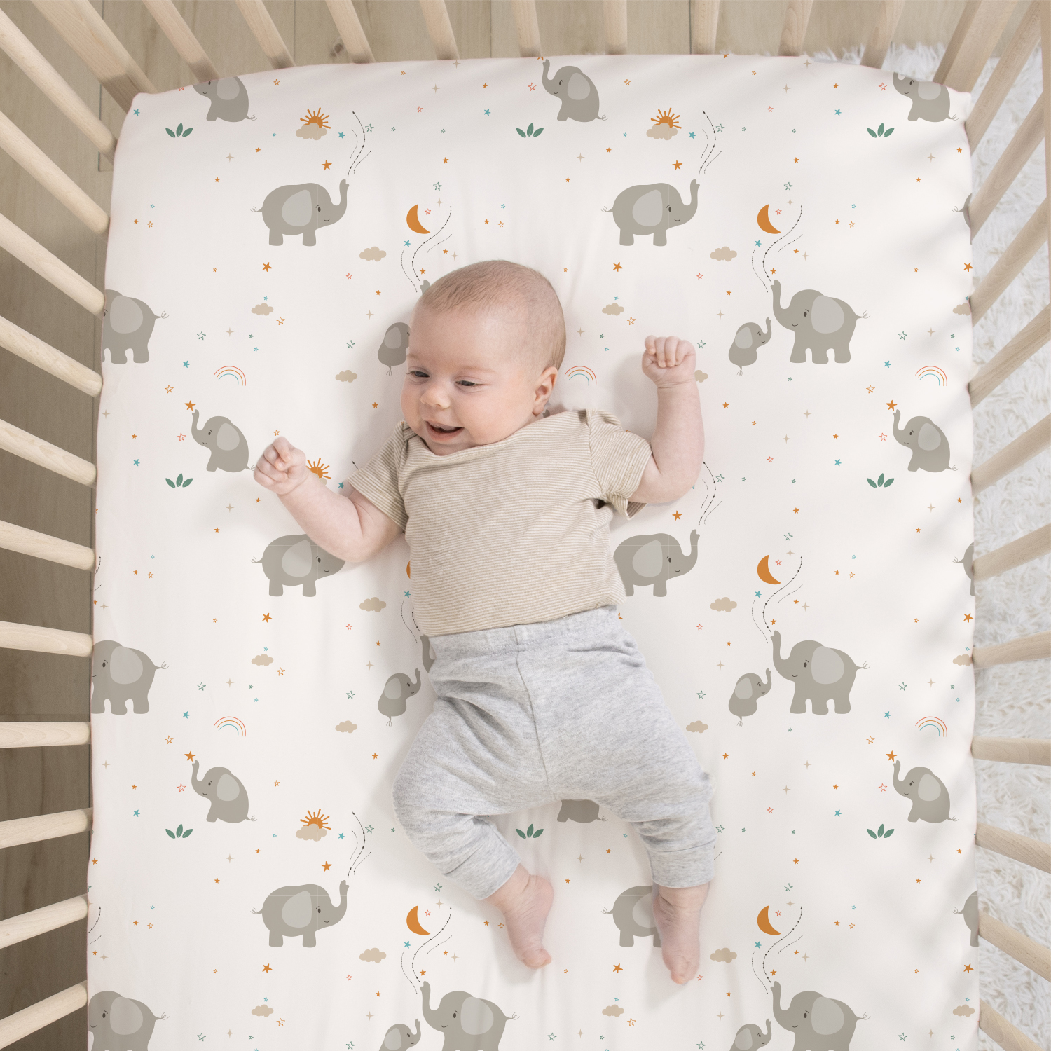 The Peanutshell Elephant Whimsy 3-Piece Baby Crib Bedding Set with Quilt Blanket, Crib Sheet, and Skirt