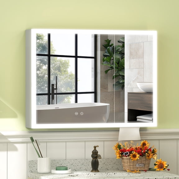 Teousev Bathroom Cabinet with Mirror & LED Lights, Wall-Mounted Medicine Cabinet w/ Defogger, Dimmable, Memory Function, 31.5"x23.6", White