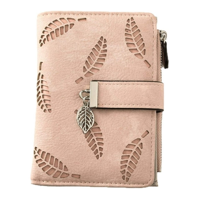Ladies Leather Small Wallet, Women Leather Wallet, Wallet With 9 Card Slots (Leaf-Pink)