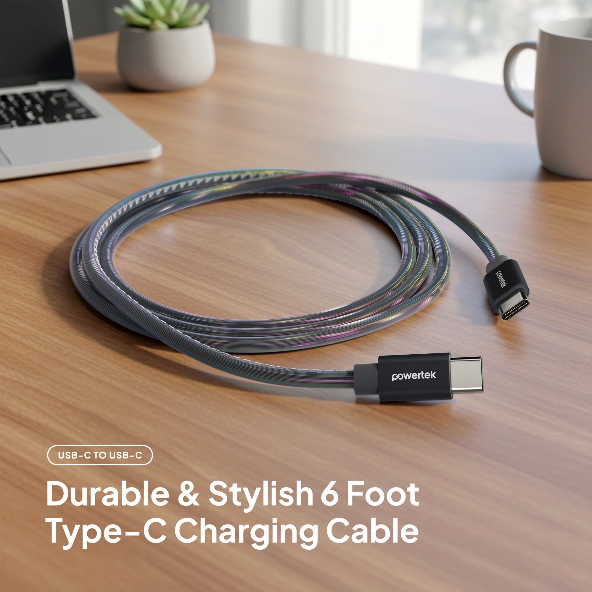 Powertek USB-C to USB-C (Type-C) Metallic Shine Pastel Fast Charging Cable, 60W, 6 ft, Black