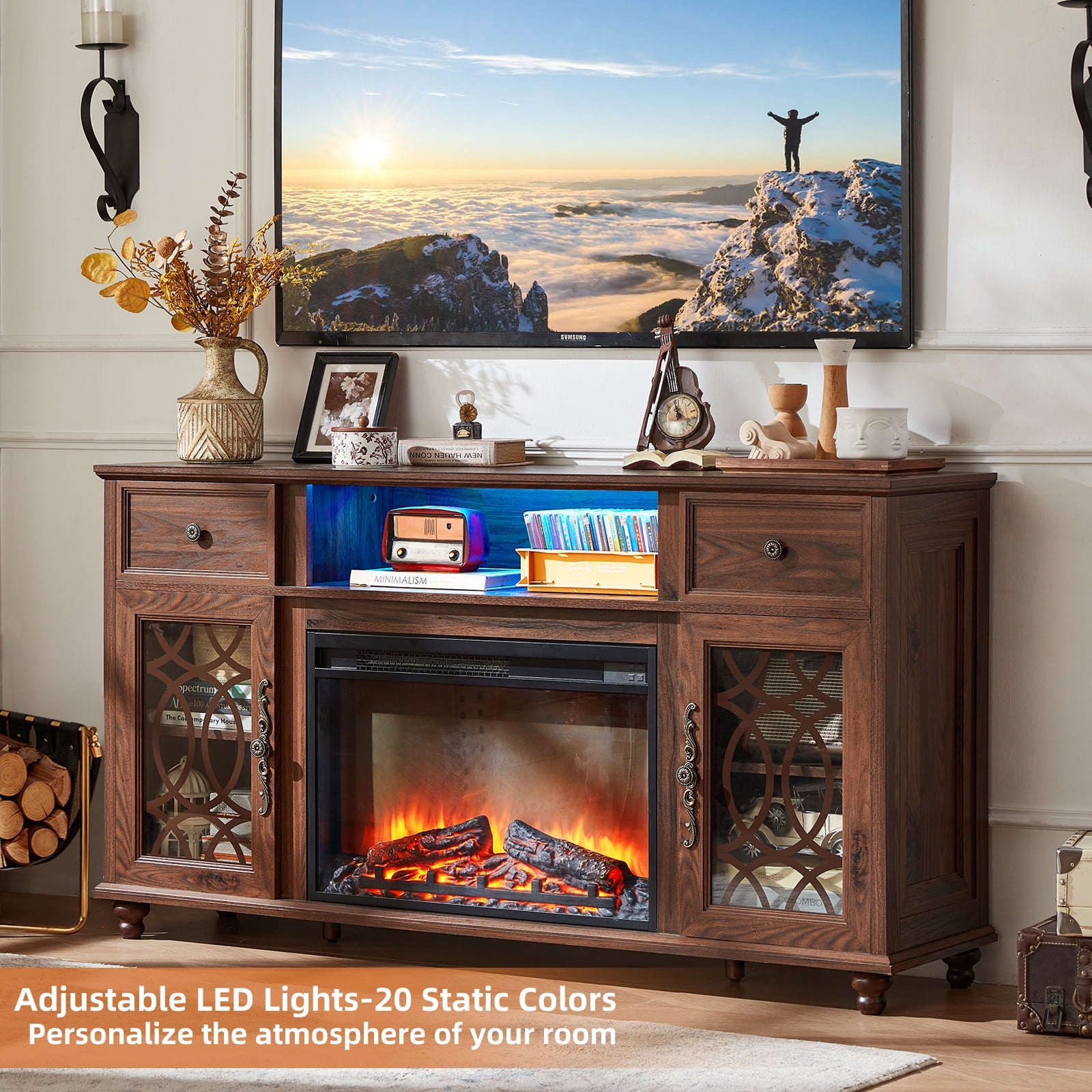 59 inch Fireplace TV Stand with 26.1" Electric Fireplace, High Gloss Entertainment Center for TVs up to 65 inch with LED Lights & Storage Cabinets, Brown