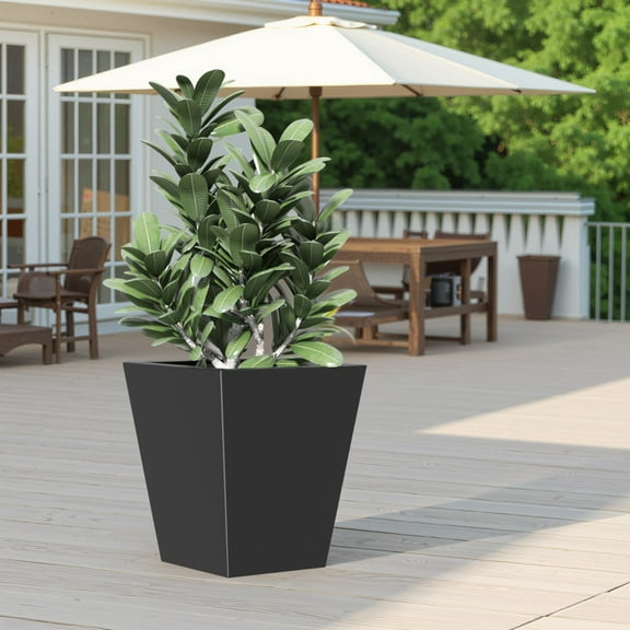 22" H Tall Metal Tapered Planter – Large Outdoor & Indoor Garden Plant Pot with Drainage Hole and Rubber Plug, Stylish Burnished Black Finish for Home and Patio
