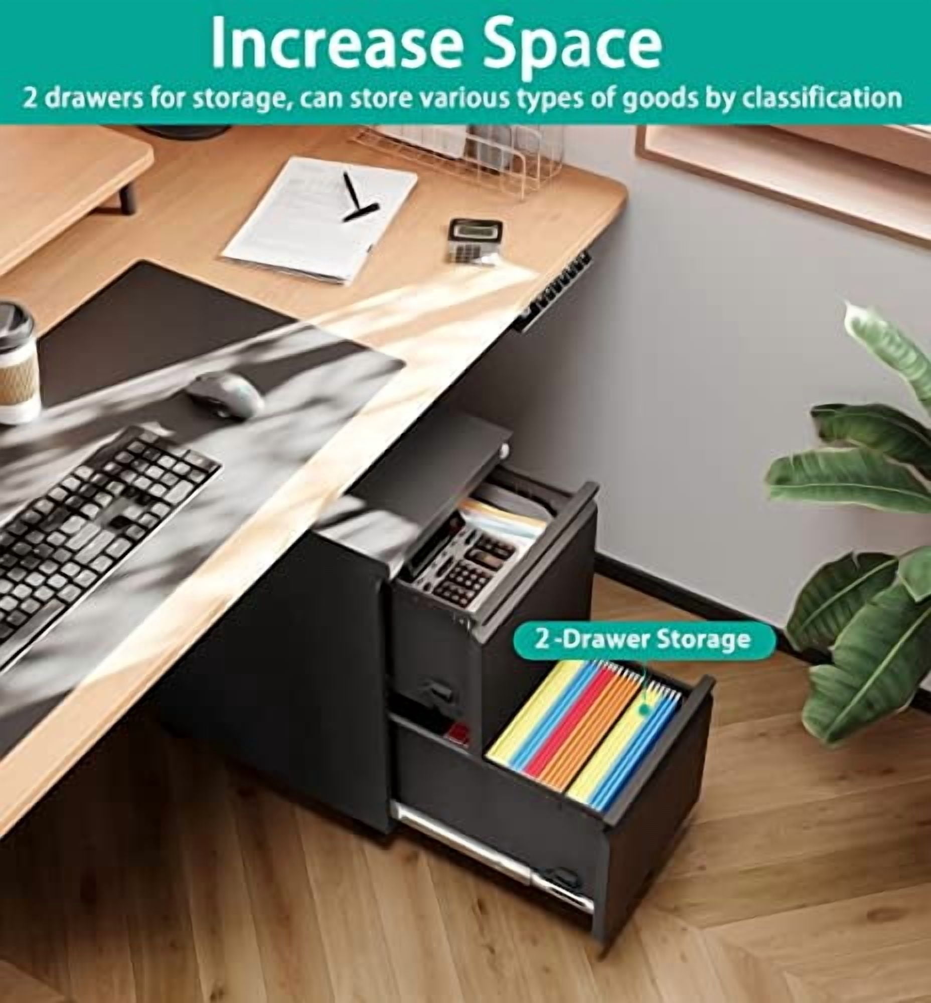 SISESOL 2-Drawer Mobile File Cabinet - Under Desk Storage with Lock, Metal Filing Cabinet for Legal/Letter/A4 Files, Slim Width