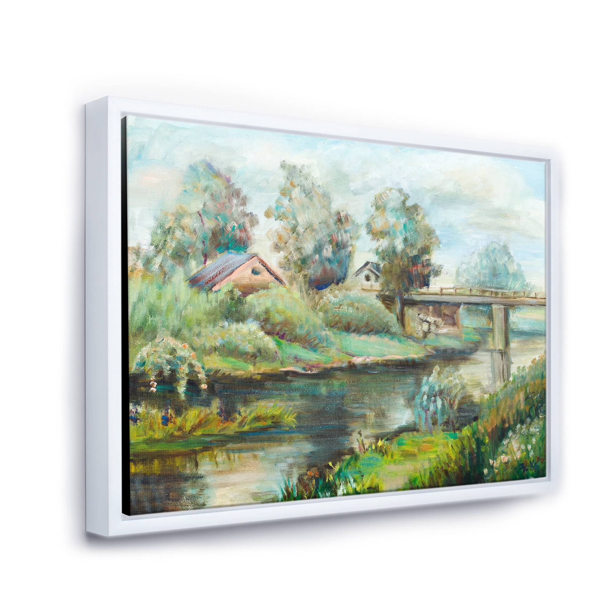Designart 'Rustic Landscape With Bridge On The River' Lake House Framed Canvas Wall Art Print