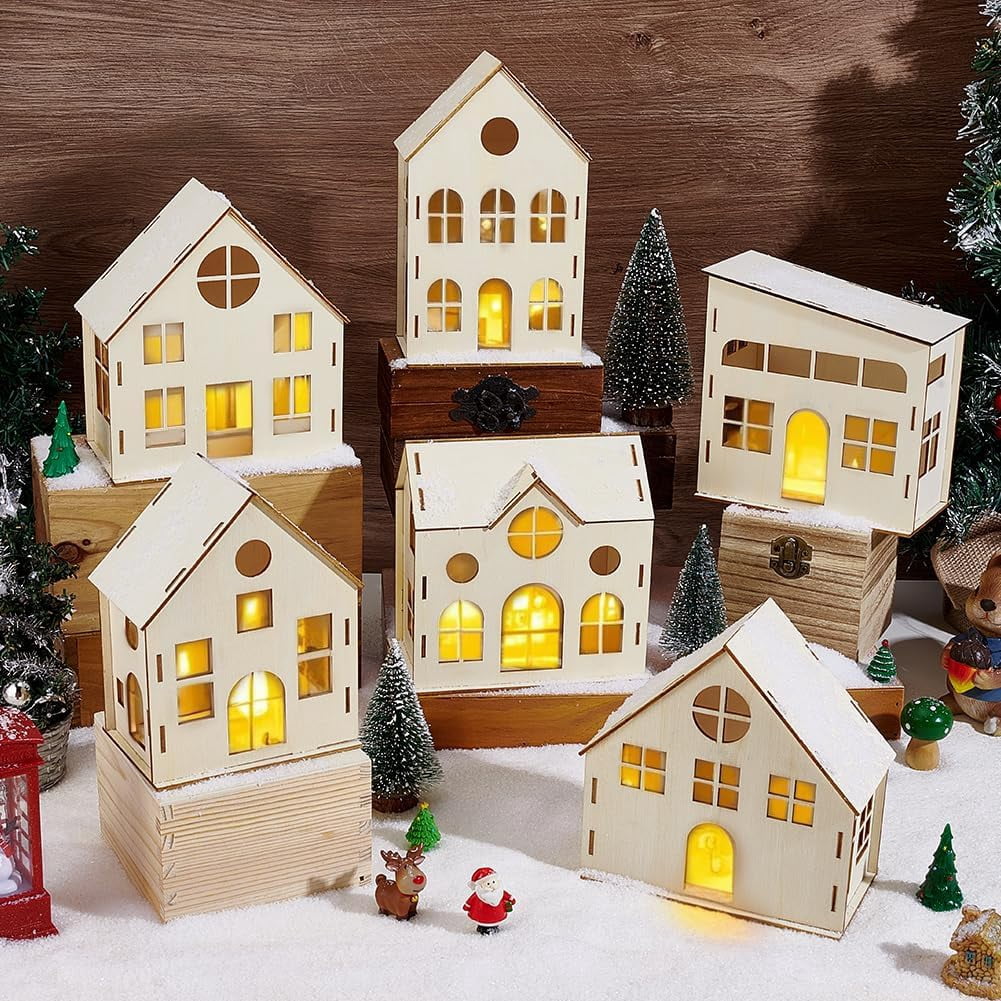 12pcs DIY Christmas Village Sets Unfinished Wooden Houses for Crafts 6 Styles Mini Unassembled House for Indoor Room Landscape Holiday Party Desktop Decoration