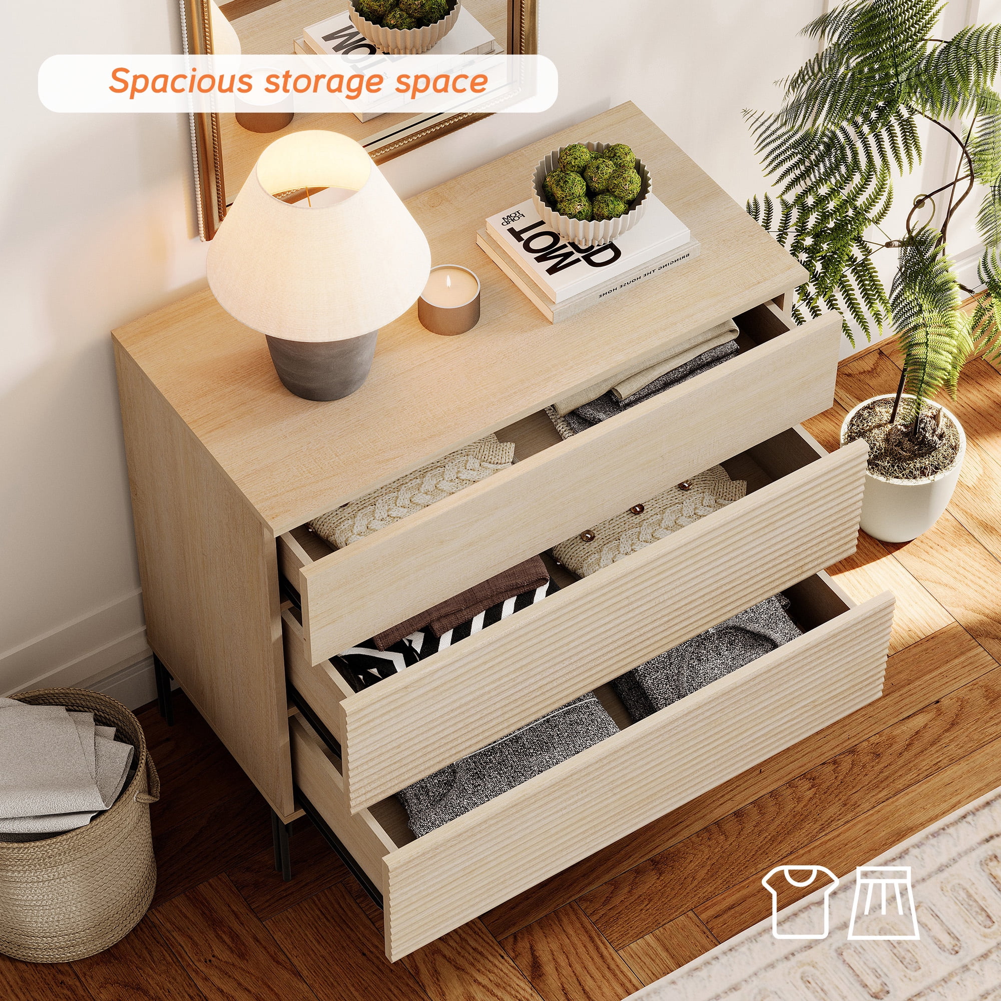 31.5" Wood Accent Chest with Drawers, Modern Credenza Storage Cabinet with Reeded Design for Living Room, Kitchen, Dining Room, Hallway
