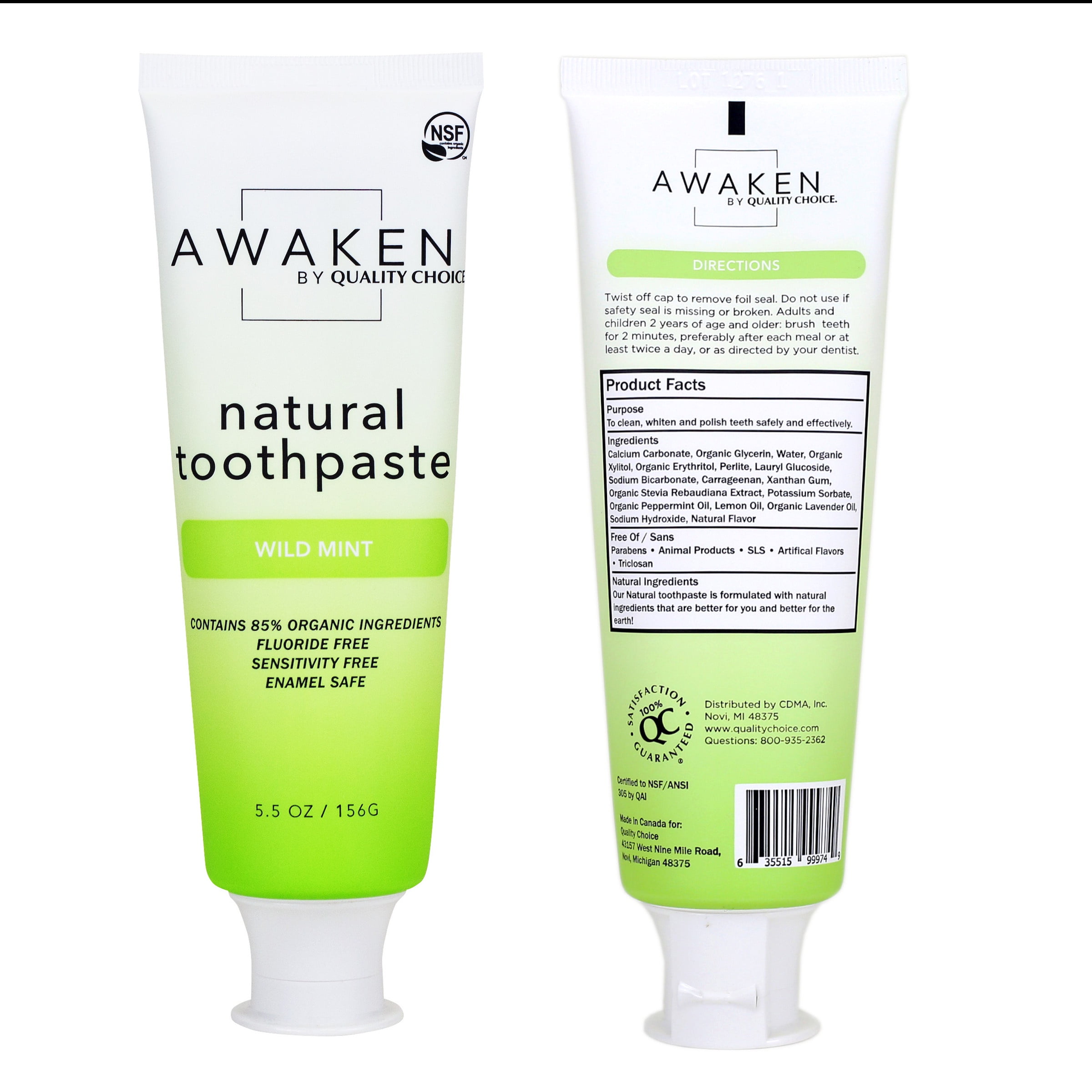 Awaken by Quality Choice Natural Toothpaste, Fluoride Free, Enamel Safe, Sensitivity Free, 85% Organic Ingredients, Wild Mint, 5.5 OZ - 3 Pack