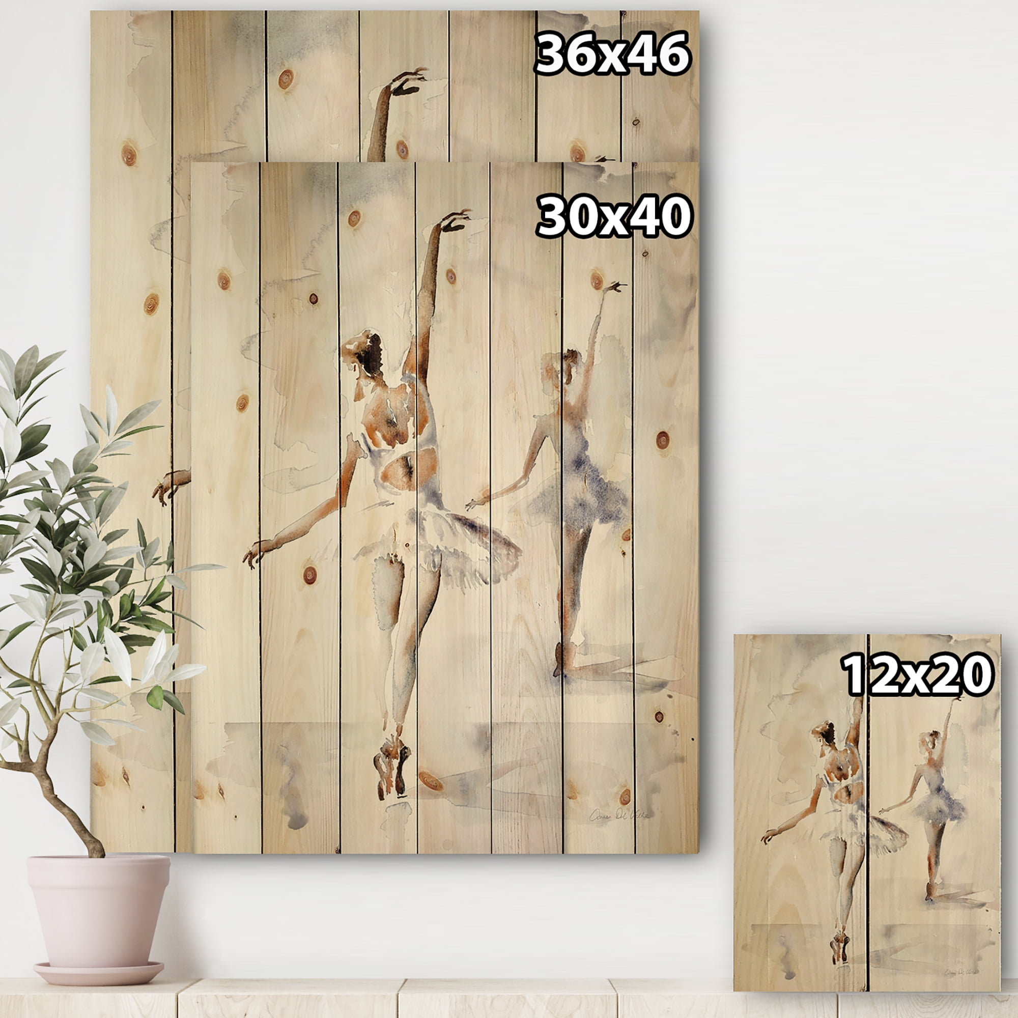 Designart 'watercolors Women Ballerinas Dance' French Country Print on Natural Pine Wood