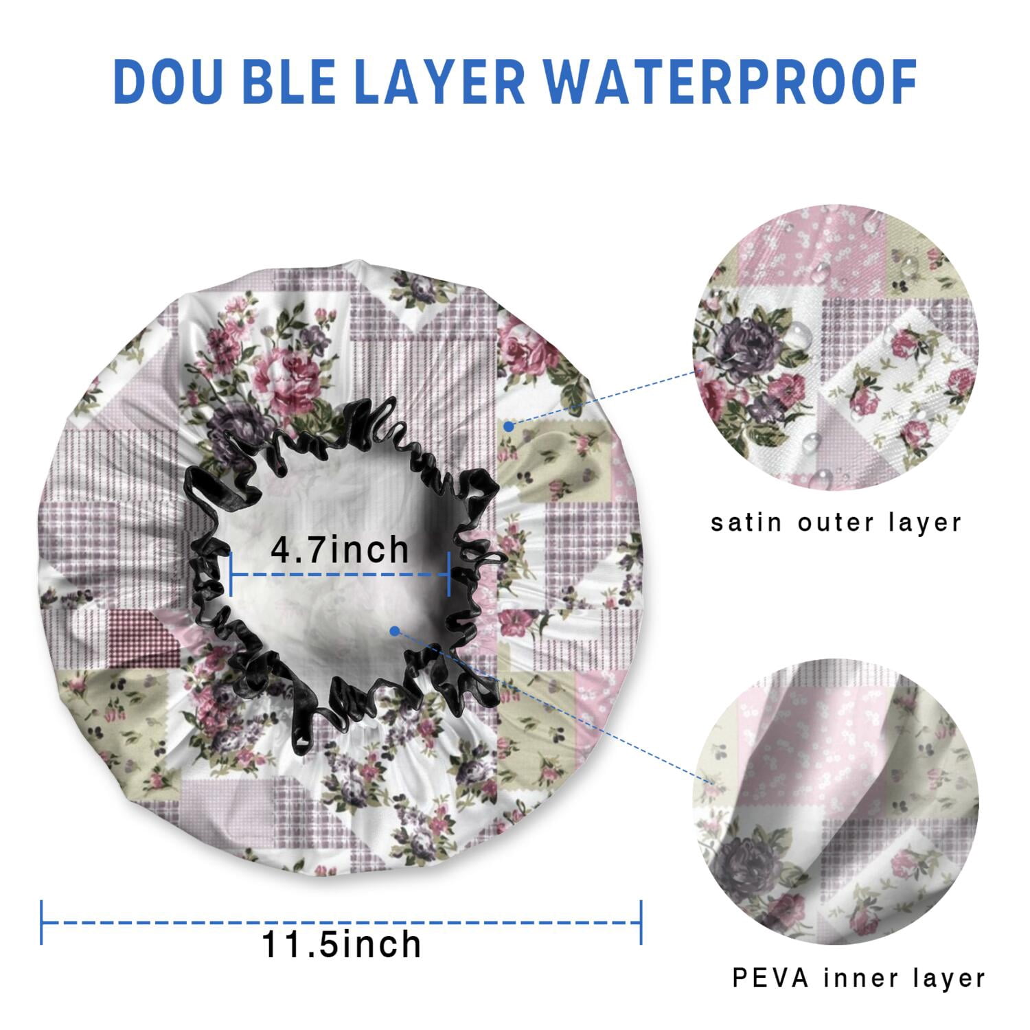 Shower Caps,Pioneer Flower Floral Print Pattern Waterproof Shower Cap for Women 4 Pieces,Double Reusable Hair Cover for Shower PEVA Elastic Stretch Hem