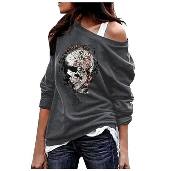Women's Halloween Sweatshirts Off Shoulder Skull Graphic Long Sleeve Tunic Tops Gothic Fall Fashion Pullover