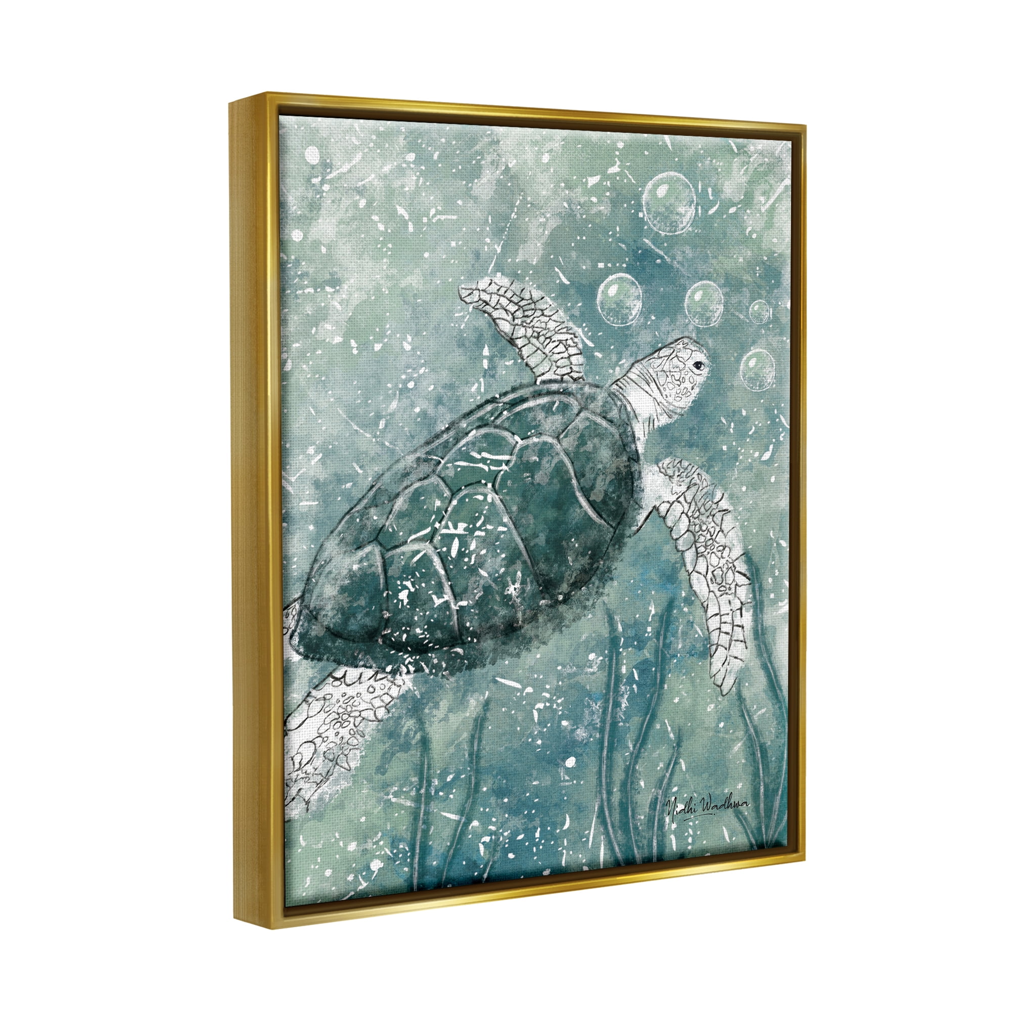 Stupell Industries Green Turtle & Bubbles Animals & Insects Painting Gold Floater Framed Art Print Wall Art, 25 x 31