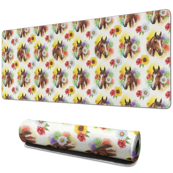 31.5x11.8 Inch Gaming Mouse Pad, Non-Slip Stitched Rubber Desk Mat for Desktop & Laptop,Horse Floral Head Colorful Pattern