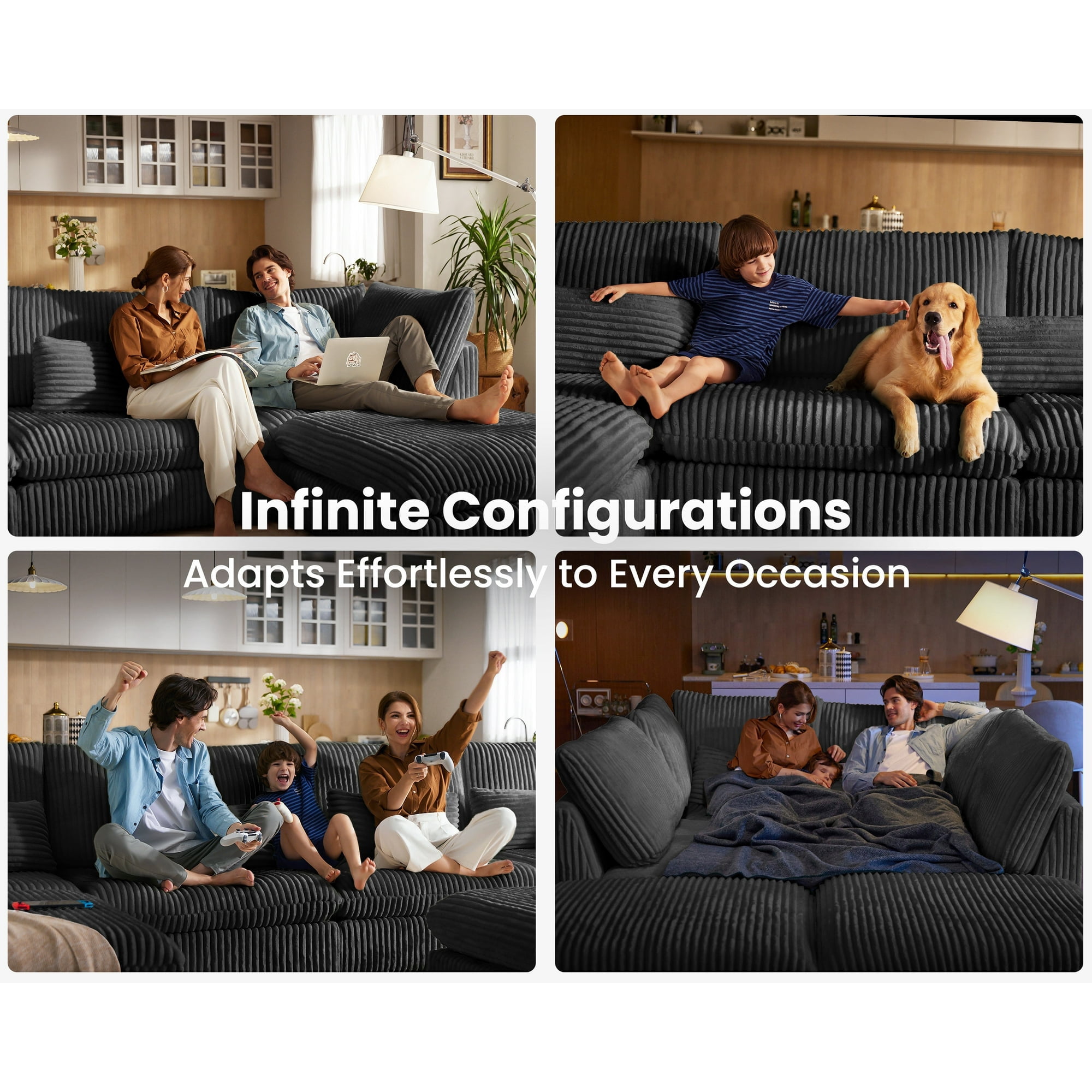 CHIC HOUSE Modular Sectional Ottoman,Plush Corduroy Upholstered Chaise Seat,Chenille Fabric Convertible Unit for Oversized Couch,Black