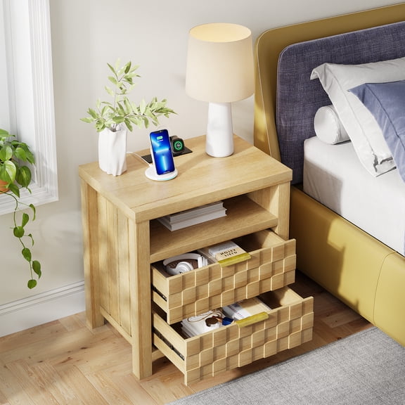VKCC Modern Nightstand with 2 Drawer,Bedside Table with Charging Station,LED Nightstand for Bedroom,Wood