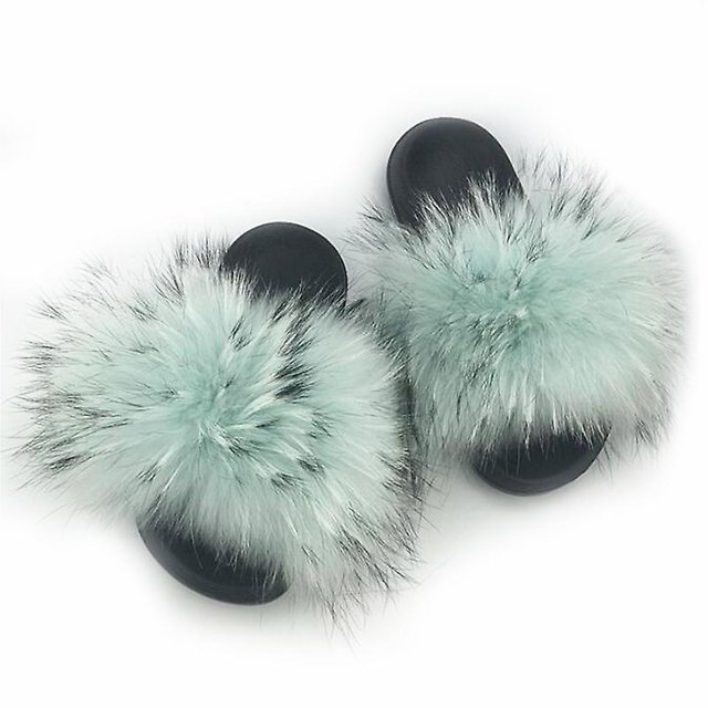 Mimigo Womens Luxury Real Raccoon Fur Slides Slippers Furry Sliders Fashion Flat Soles Soft Summer Flip Flop Sandals zhangyuxiang LED