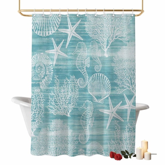 Teal Green Coastal Shower Curtains for Bathroom, Nautical Starfish Seahorse Coral Summer Washable Fabric Shower Curtain with Hooks Waterproof Bathroom Decor Sets, 66 x 72 Inches