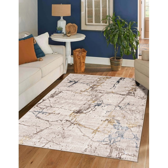 ECARPET Jane contemporary modern area rug with abstract beige, brown, and blue design on hardwood floor between sofas and side table.