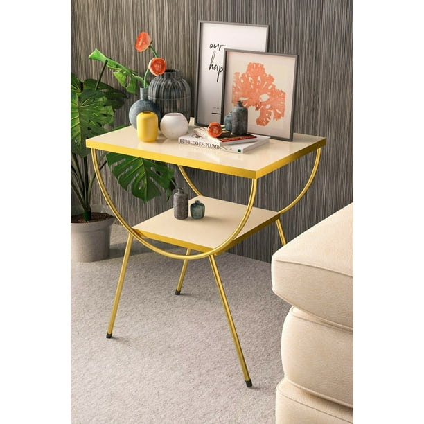 Cream White Side Table with Gold Metal Legs, Modern Style Nightstand