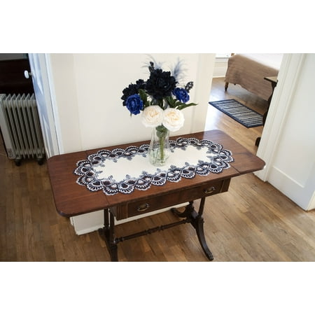 

Antique European Navy Blue White Peacock Tail Lace Runner (14 x 27 | 16 x 35 /44 /54 )