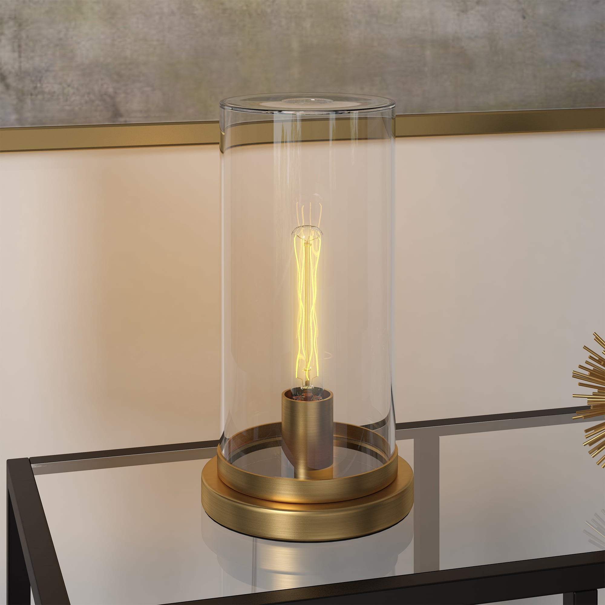 Evelyn&Zoe Perabo 13" Tall Uplight Mini Lamp with Glass Shade, Brushed Brass/Clear