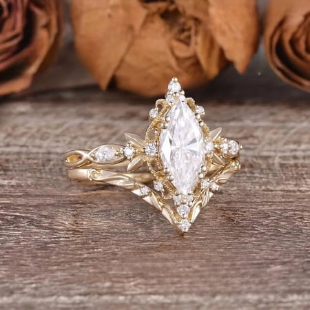 Vintage Marquise Cut Diamond Wedding Ring Set in 14K Yellow Gold Vermeil – Art Deco Filigree Engagement Ring for Women – Milgrain Vine Bridal Set
