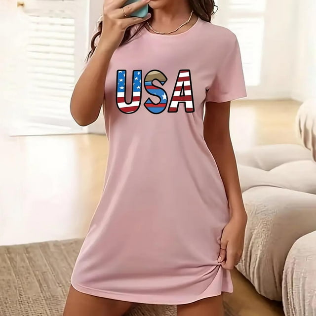 Camisón corto de talla grande para mujer, camisón de manga corta con estampado de pecho a la moda, camisón para mujer