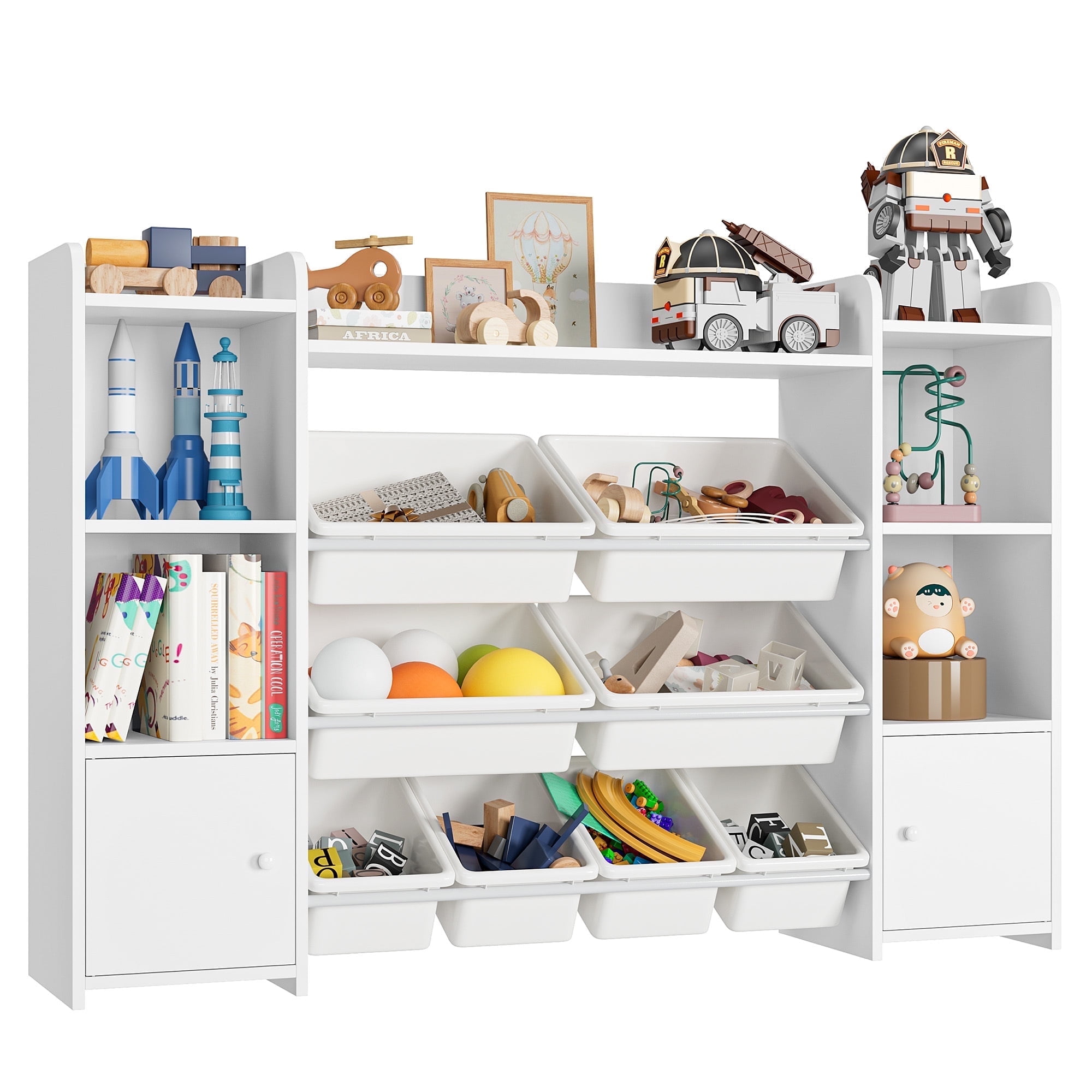 Homfa Kids Toy Organization Cubby Bookcase with 8 Bin, 2 Door White Storage Organizer Bookshelf for Children Room Playroom