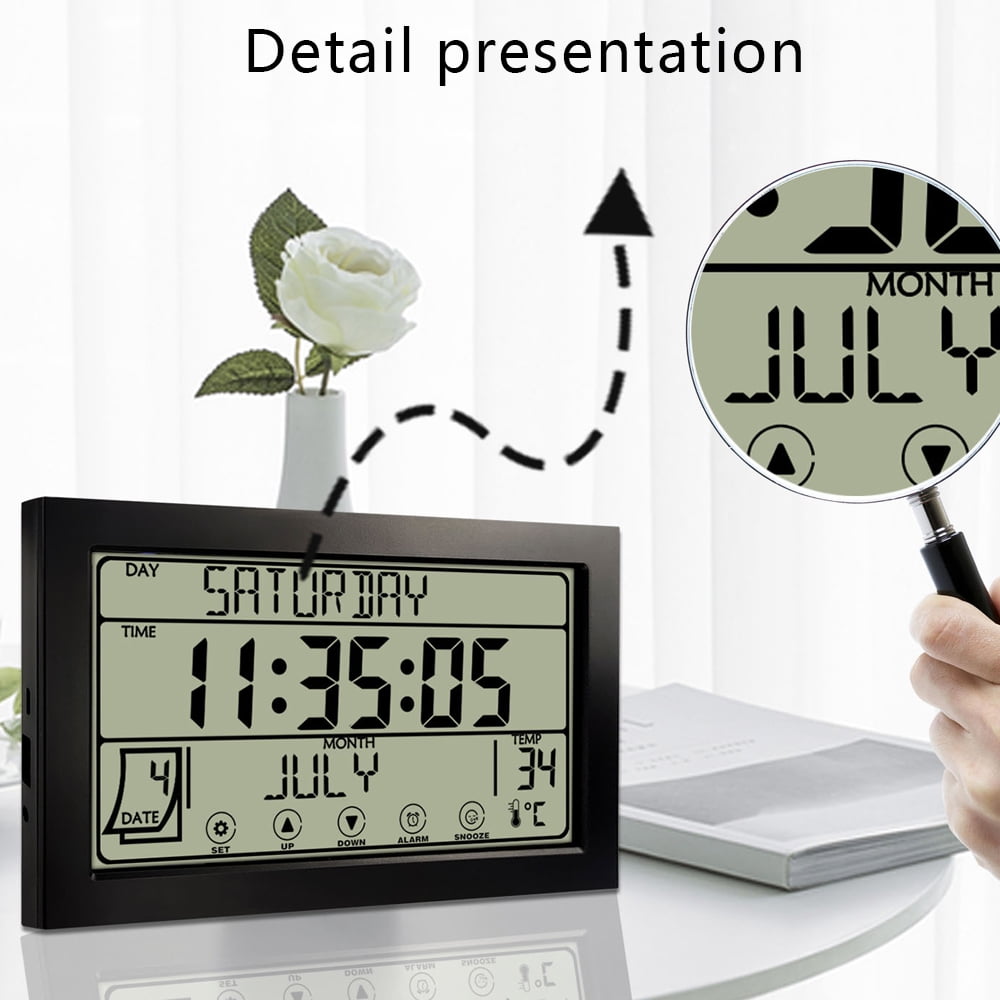 Auto Set Digital Wall Clock Battery Operated,Desk Clocks with Temperature,Humidity ， Display Digital Calendar Alarm Clock for Elderly,Bedroom,Office,black，G165466