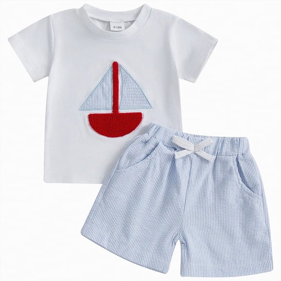 Kids Boys Summer Clothes Toddler Boy Outfit Sets Crew Neck Embroidery Top with Plaid Shorts Clothing Sets