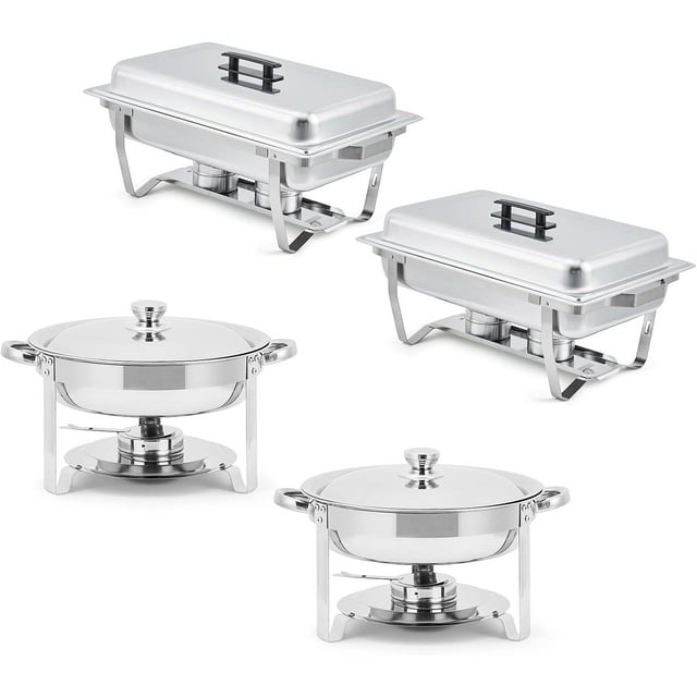 Ensemble de 4 Casseroles de Buffet, 8 Qt Rectangulaires et 5 Qt Rondes en Acier Inoxydable avec Couvercle, Support à Carburant pour Traiteur, Buffets, Fêtes et Événements