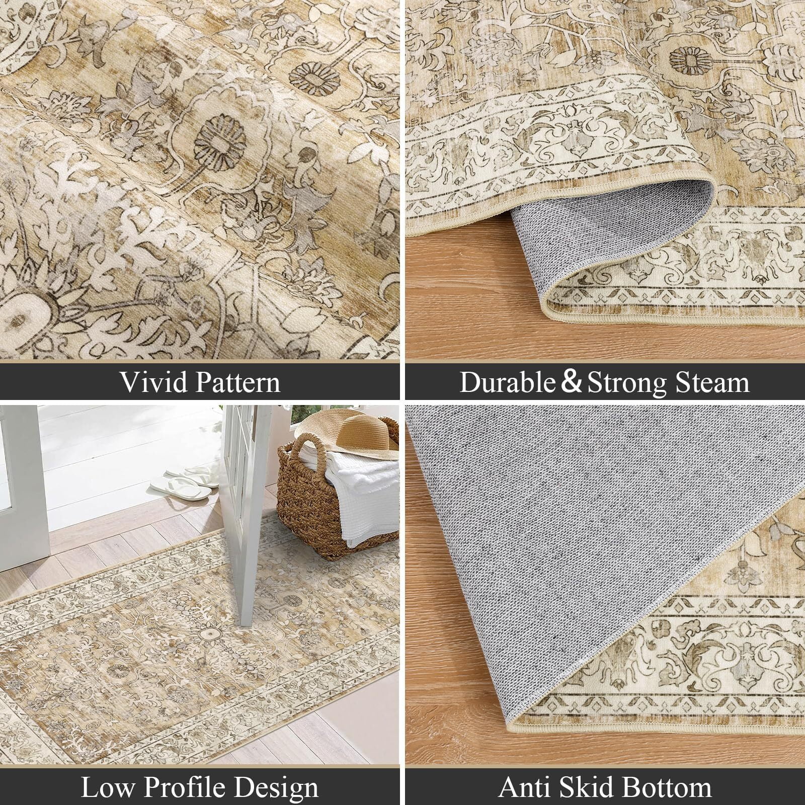 Findosom 2'x6' Vintage Boho Runner Rug Washable Non-slip Area Rug,Hallway Indoor Farmhouse Bedroom Kitchen Living Room Non Shedding Runner, Contemporary Low Plie Floor Carpet Doormat,Brown