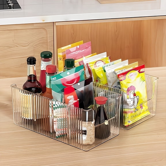 Clear Acrylic Kitchen Organizer Bin with Dividers, Ribbed Pantry Storage Basket for Spices, Snacks and Cabinet Organization