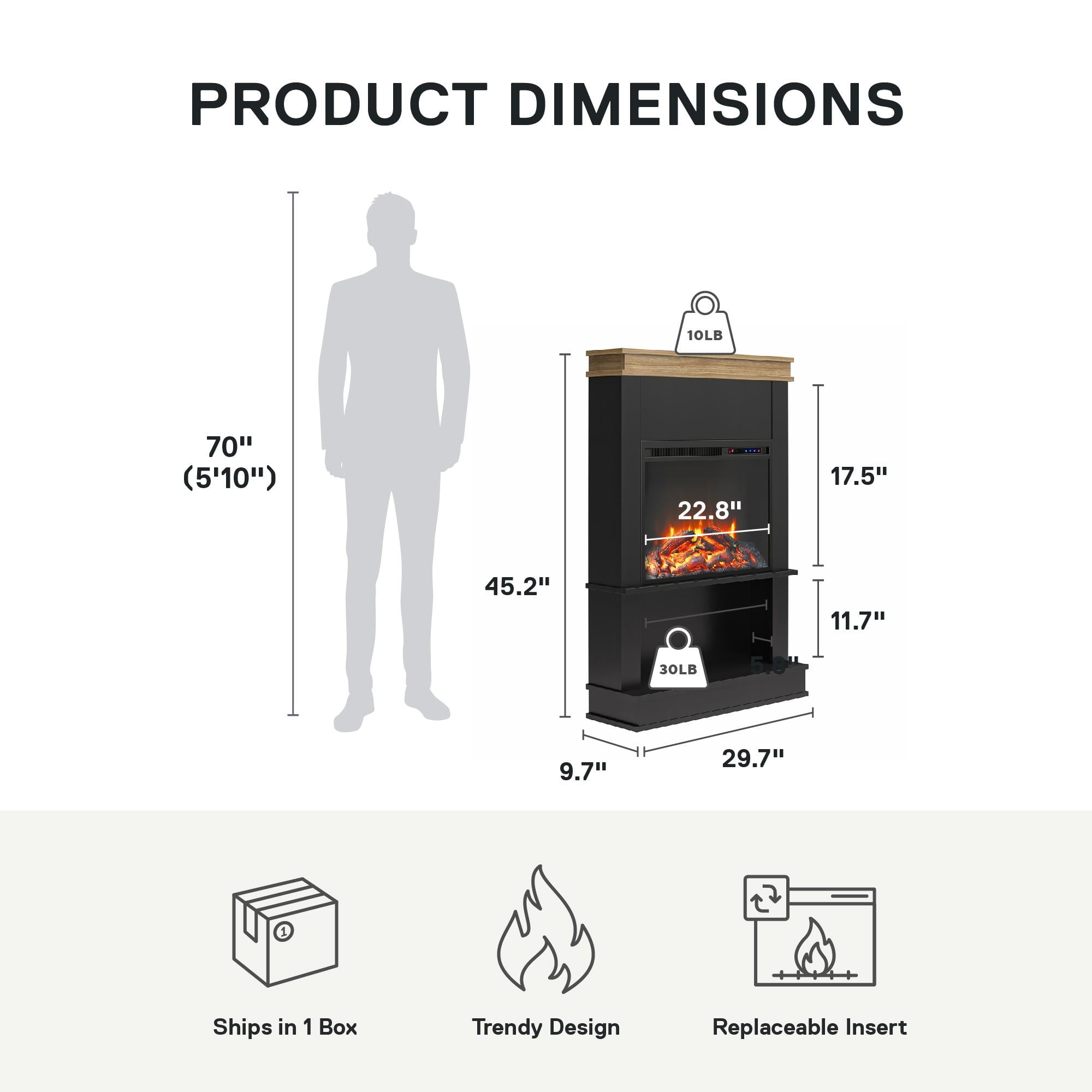 Ameriwood Home Mabrick Electric Fireplace with Mantel and Open Shelf, Black with Natural
