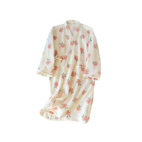 Xingzhi Women Peach Pattern Bathrobe Japanese-style Kimono Cotton Crepe Nightgown Loose Sweat-absorbent Home Sleepwear Beige M