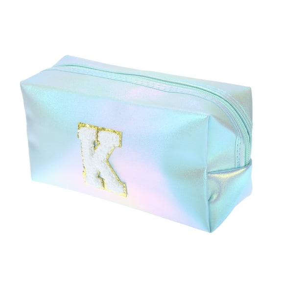 1 Pc Women Durable Letter K Cosmetic Bag for Vacation Outdoor Activities Blue PU Leather