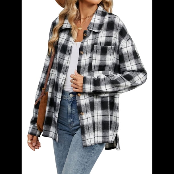 Camisas de Franela con Botones para Mujer, Camisas A Cuadros de Larga, Blusa Informal de Negocios. y Negro L