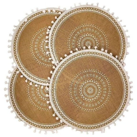 Round Placemats Set of 4,Boho Woven Table Mats with Pompom Tassel for Dining Room Kitchen Decor(White Ball)
