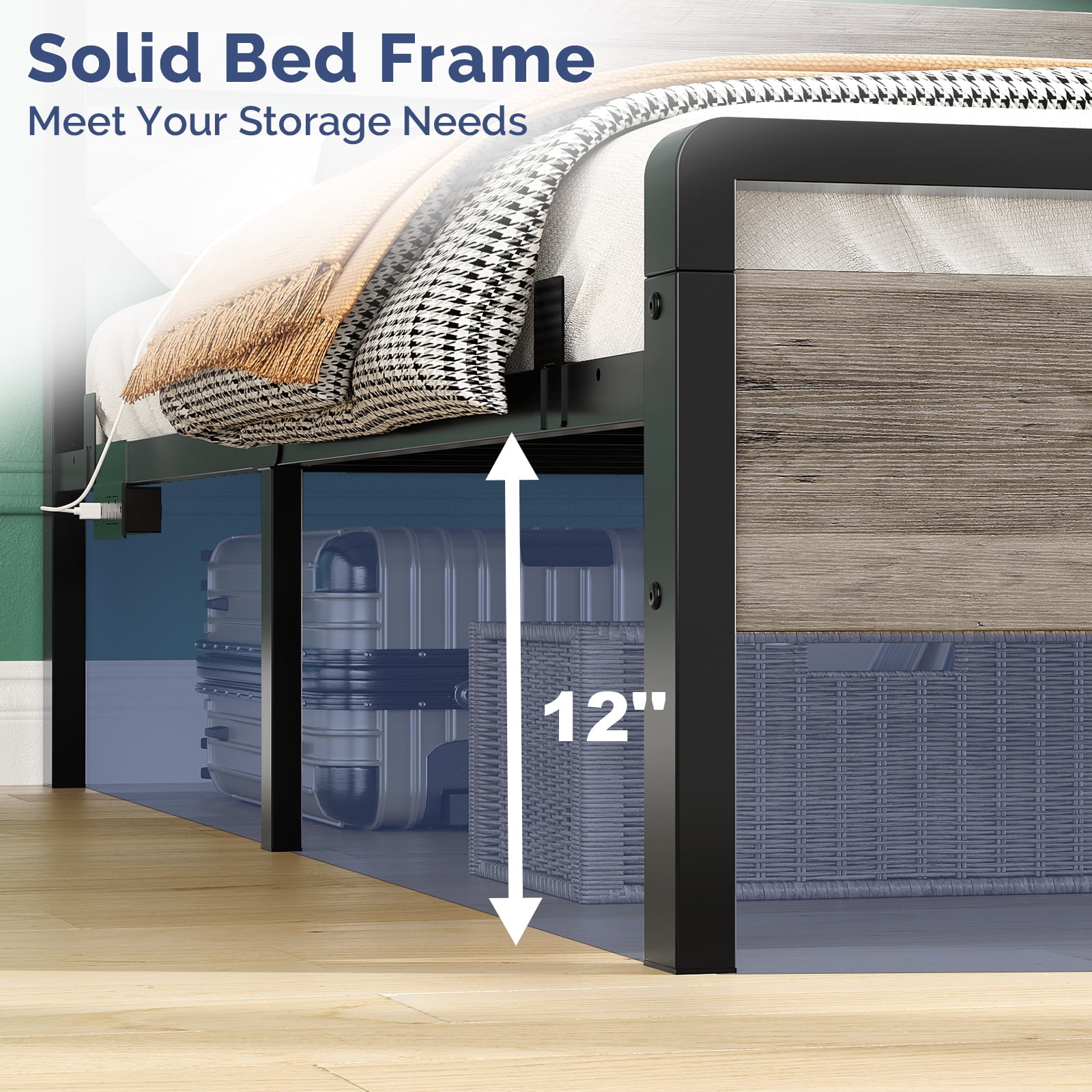 Zimtown King Platform Bed Frame with 12-Inch Under-Bed Storage, LED Lighted Headboard & Footboard, Modern Apartment Bedroom,Gray